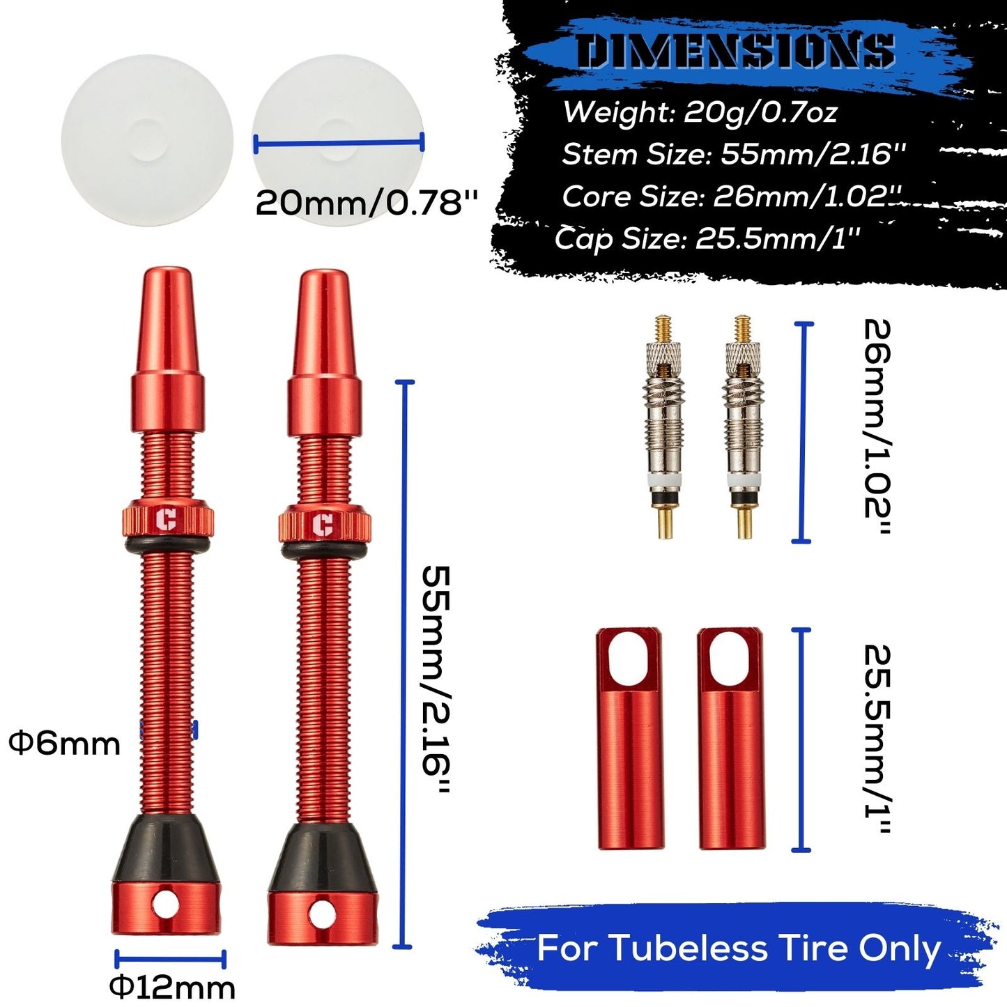Tubeless Presta Valve Stem 2-Pack - 40mm/44mm/55mm With Valve Core and 2PCS  Removal Tool